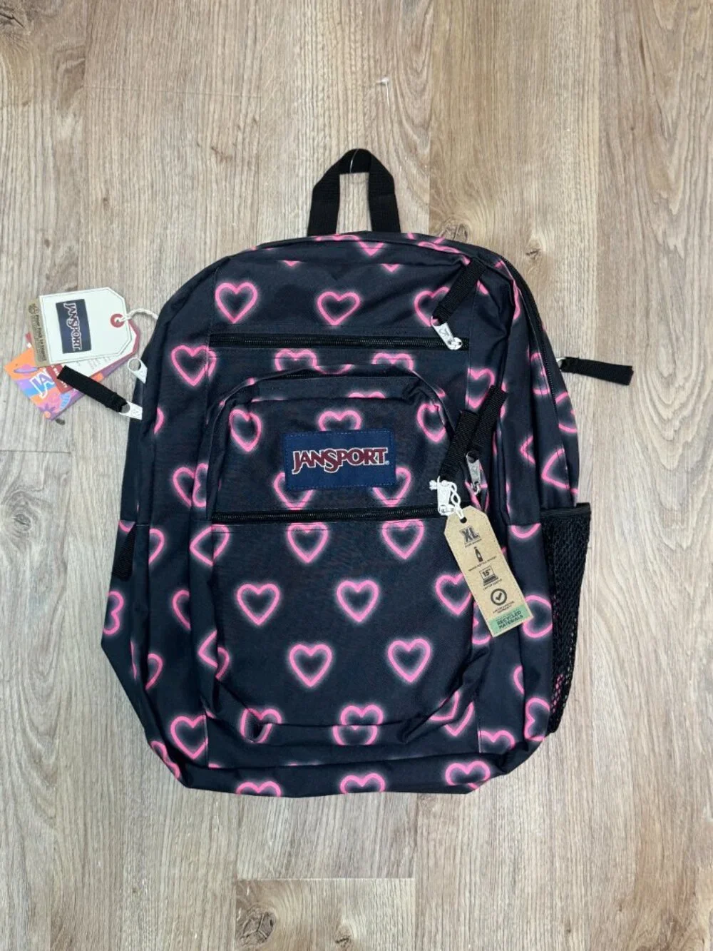 JanSport XL Big Student Happy Hearts Backpack Black Pink Hearts  15